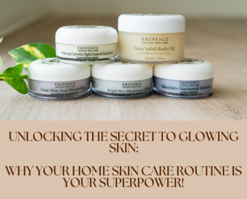 Photo of skin care product containers and text reading, Unlocking the secret to glowing skin: Why your home skin care routine is your superpower.