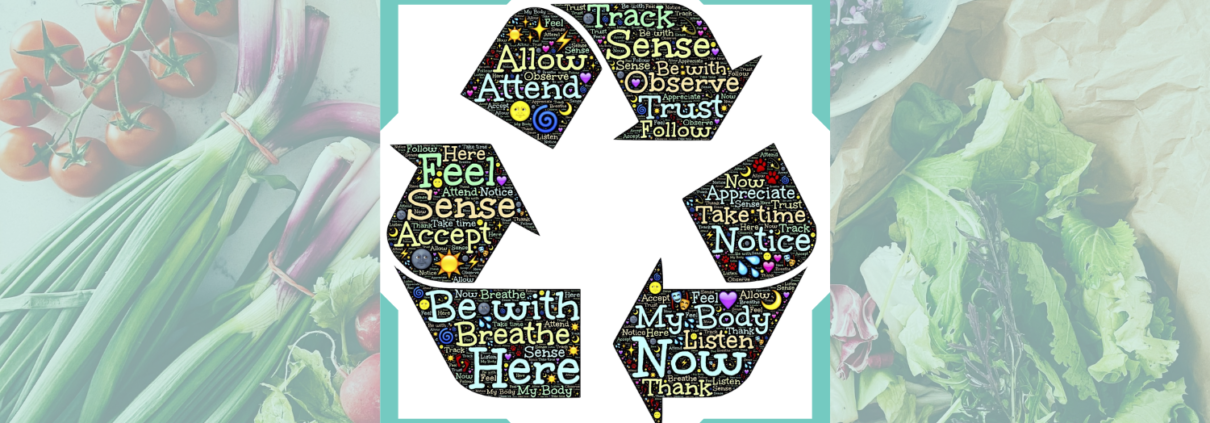 Cycle graphic depicting awareness with words suck as "Here, now, sense, notice, feel." In the background is a photo of healthy, fresh veggies.