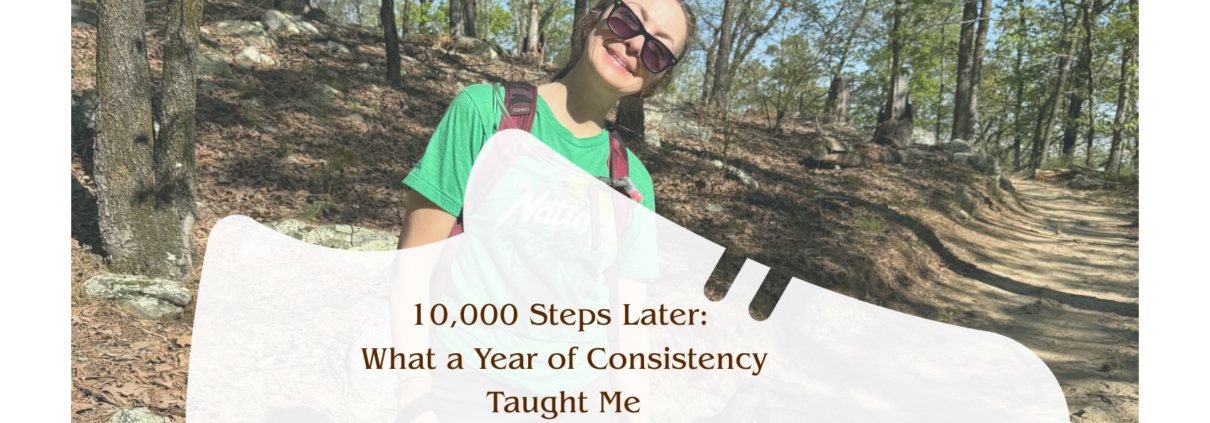 A photo of Cassandra Benning outside in hiking gear, superimposed with a white sneaker as a text box for the blog title.
