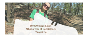 A photo of Cassandra Benning outside in hiking gear, superimposed with a white sneaker as a text box for the blog title.