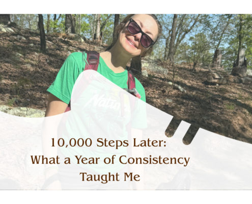 A photo of Cassandra Benning outside in hiking gear, superimposed with a white sneaker as a text box for the blog title.