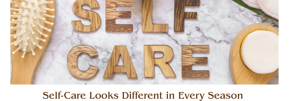 A hairbrush and facial brush on either side of wood-grain patterned words reading, Self Care
