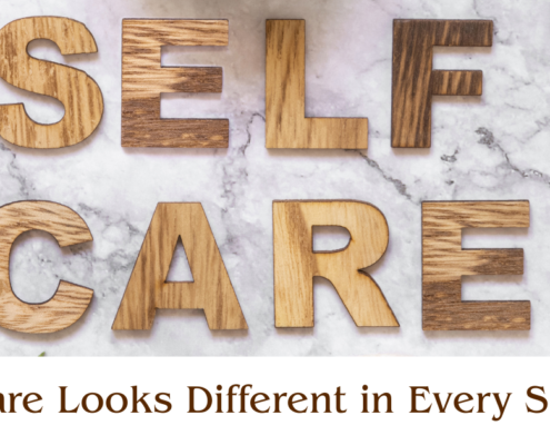 A hairbrush and facial brush on either side of wood-grain patterned words reading, Self Care